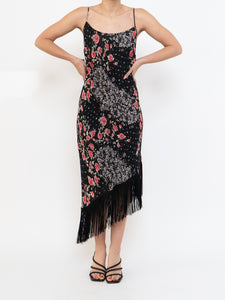 Vintage x Made in Canada x Black Floral Tassle Dress (M, L)