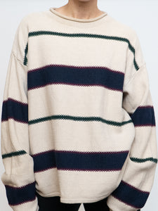Vintage x Made in Hong Kong x  Cream Striped Cotton Sweater (XS-XL)