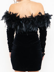 Vintage x Made in UK x Velvet Feather Off-Shoulder Dress (M)