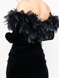 Vintage x Made in UK x Velvet Feather Off-Shoulder Dress (M)