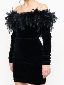 Vintage x Made in UK x Velvet Feather Off-Shoulder Dress (M)