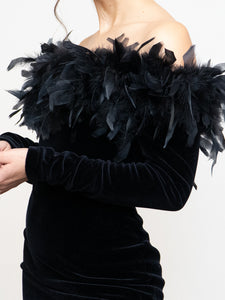 Vintage x Made in UK x Velvet Feather Off-Shoulder Dress (M)