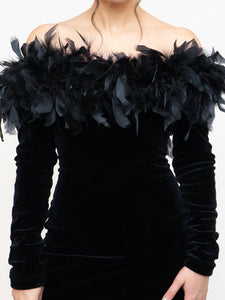 Vintage x Made in UK x Velvet Feather Off-Shoulder Dress (M)