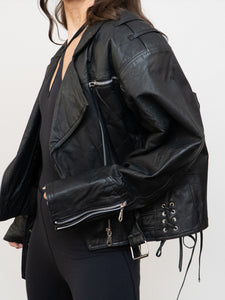 Vintage x Genuine Leather Black Cropped Biker Jacket (XS-M)