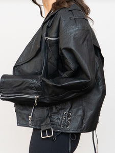 Vintage x Genuine Leather Black Cropped Biker Jacket (XS-M)