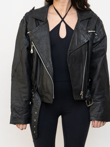 Vintage x Genuine Leather Black Cropped Biker Jacket (XS-M)