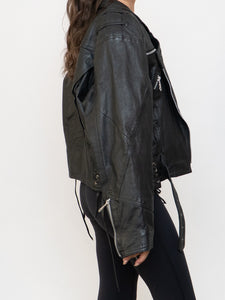 Vintage x Genuine Leather Black Cropped Biker Jacket (XS-M)