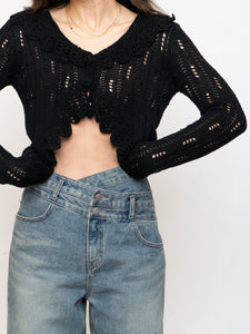 Vintage x Black Cropped Knit Button Up Cardigan (XS-M)
