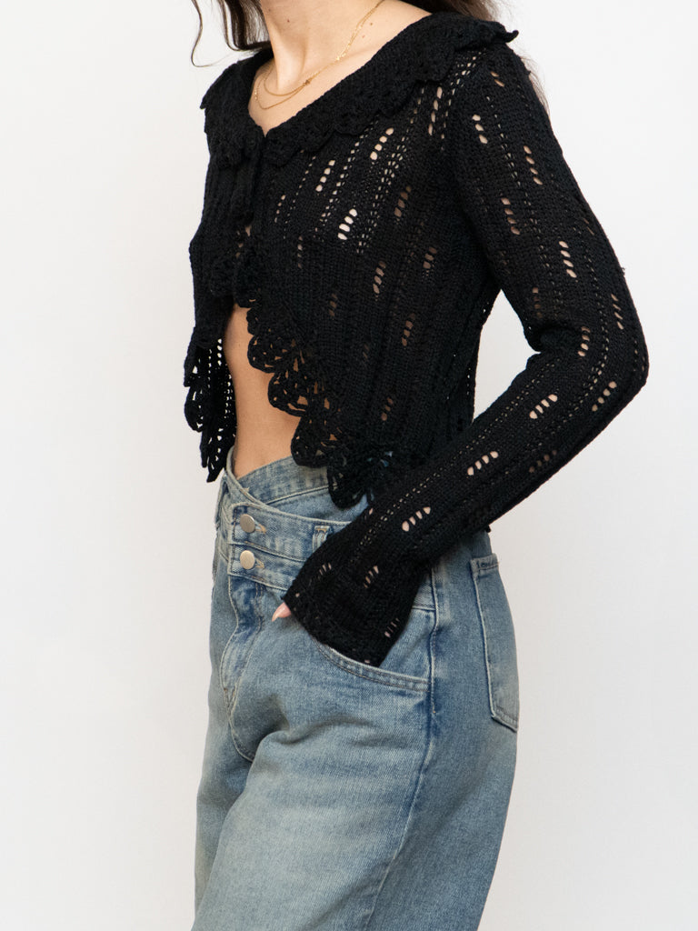 Vintage x Black Cropped Knit Button Up Cardigan (XS-M)