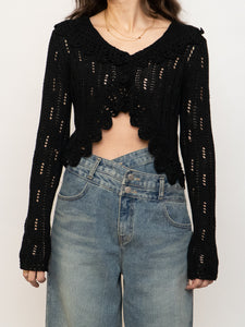 Vintage x Black Cropped Knit Button Up Cardigan (XS-M)