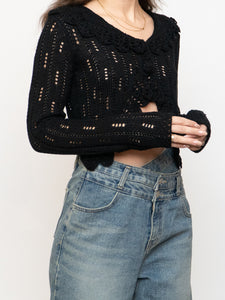 Vintage x Black Cropped Knit Button Up Cardigan (XS-M)