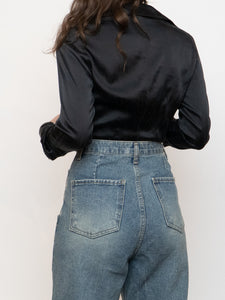 Vintage x Black Silk Button Up Bodysuit (S, M)
