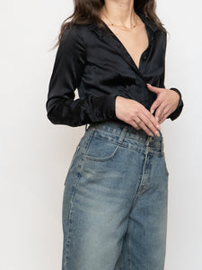 Vintage x Black Silk Button Up Bodysuit (S, M)