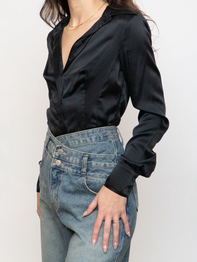 Vintage x Black Silk Button Up Bodysuit (S, M)