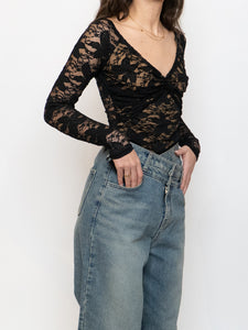Vintage x Black & Nude Long Sleeve Lace Top (XS, S)