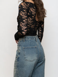 Vintage x Black & Nude Long Sleeve Lace Top (XS, S)
