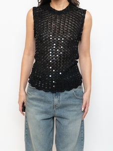 Vintage x Black Square Sequin Crochet High Neck Tank (XS-M)