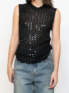 Vintage x Black Square Sequin Crochet High Neck Tank (XS-M)