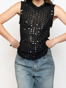 Vintage x Black Square Sequin Crochet High Neck Tank (XS-M)