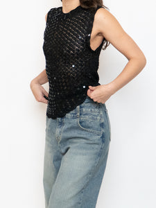Vintage x Black Square Sequin Crochet High Neck Tank (XS-M)
