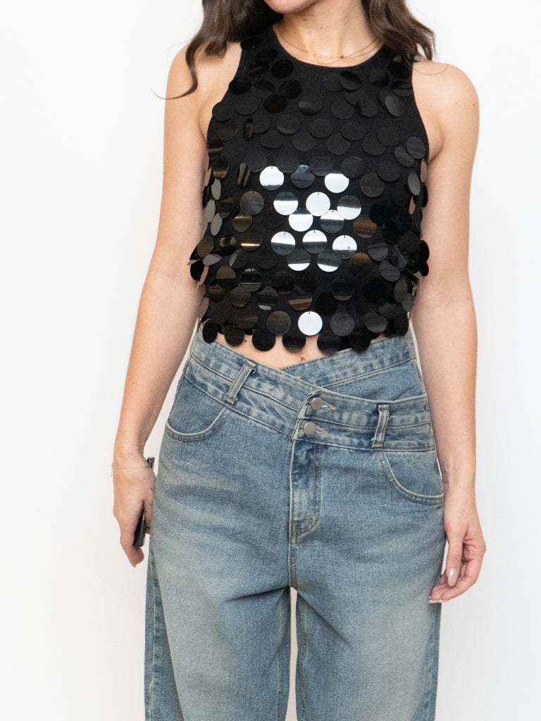 Vintage x Made in Hong Kong x HOLT RENFREW Wool-Blend Black Sequin Top (S, M)