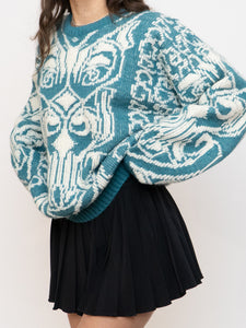 Vintage x Wool-blend Teal, White Patterned Knit Sweater (XS-L)