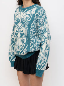 Vintage x Wool-blend Teal, White Patterned Knit Sweater (XS-L)