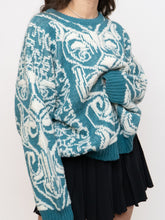 Load image into Gallery viewer, Vintage x Wool-blend Teal, White Patterned Knit Sweater (XS-L)
