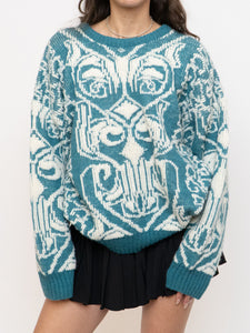 Vintage x Wool-blend Teal, White Patterned Knit Sweater (XS-L)