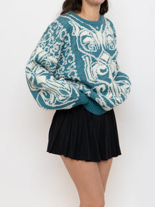 Vintage x Wool-blend Teal, White Patterned Knit Sweater (XS-L)