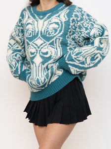 Vintage x Wool-blend Teal, White Patterned Knit Sweater (XS-L)