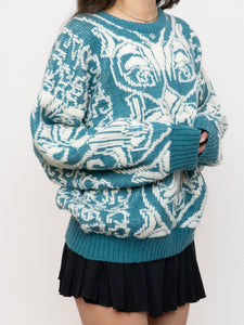Vintage x Wool-blend Teal, White Patterned Knit Sweater (XS-L)