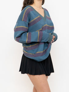 Vintage x Made in Italy x Teal V-Neck Patterned Houndstooth Sweater (XS-L)