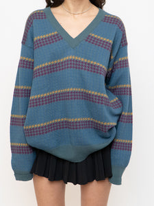 Vintage x Made in Italy x Teal V-Neck Patterned Houndstooth Sweater (XS-L)