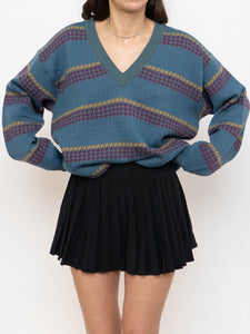 Vintage x Made in Italy x Teal V-Neck Patterned Houndstooth Sweater (XS-L)