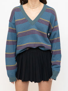 Vintage x Made in Italy x Teal V-Neck Patterned Houndstooth Sweater (XS-L)