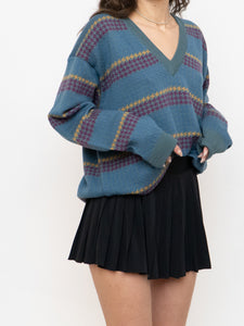 Vintage x Made in Italy x Teal V-Neck Patterned Houndstooth Sweater (XS-L)