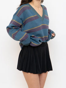 Vintage x Made in Italy x Teal V-Neck Patterned Houndstooth Sweater (XS-L)