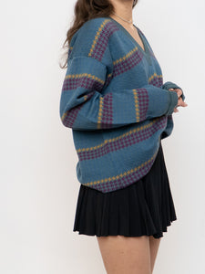 Vintage x Made in Italy x Teal V-Neck Patterned Houndstooth Sweater (XS-L)