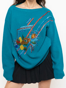 Vintage x Made in Hong Kong x Teal Sequin Beaded Knit Sweater (XS-XL)