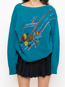 Vintage x Made in Hong Kong x Teal Sequin Beaded Knit Sweater (XS-XL)