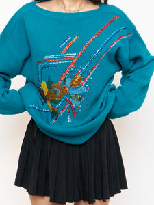 Vintage x Made in Hong Kong x Teal Sequin Beaded Knit Sweater (XS-XL)