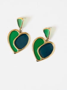 Green & Gold Stained Glass Heart Earrings