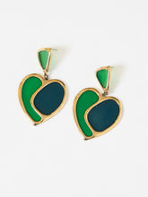 Load image into Gallery viewer, Green &amp; Gold Stained Glass Heart Earrings