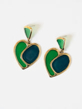 Load image into Gallery viewer, Green &amp; Gold Stained Glass Heart Earrings