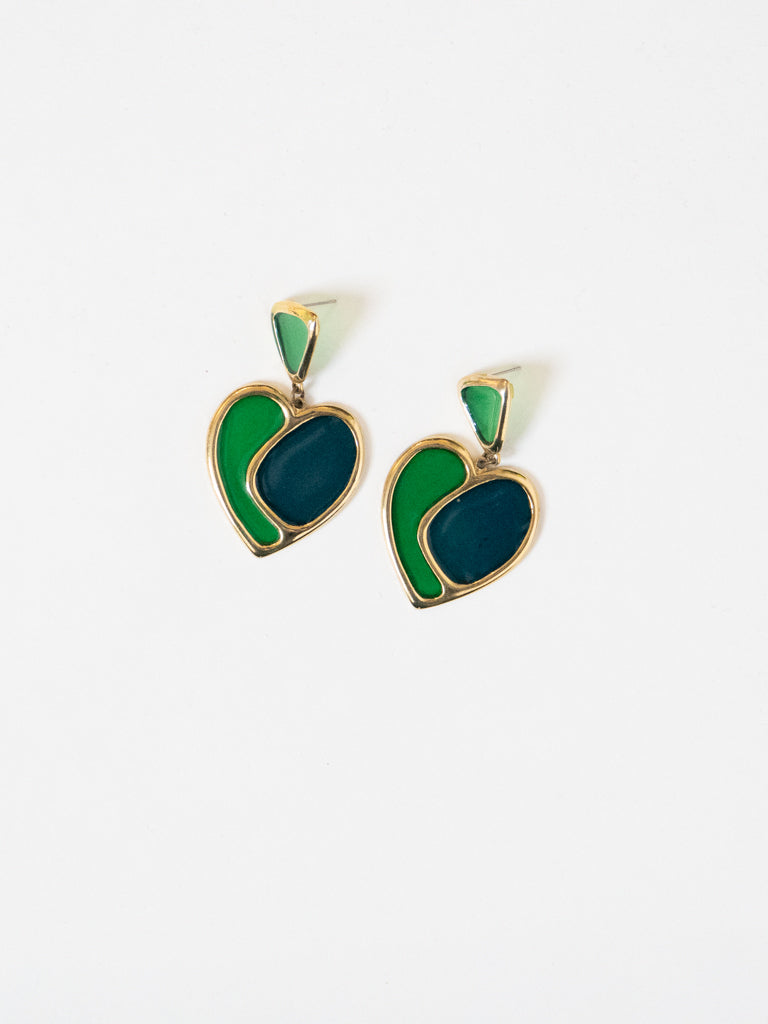 Green & Gold Stained Glass Heart Earrings