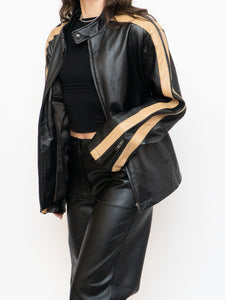 Vintage x DANIER Black & Beige Striped Leather Biker Jacket (S-L)