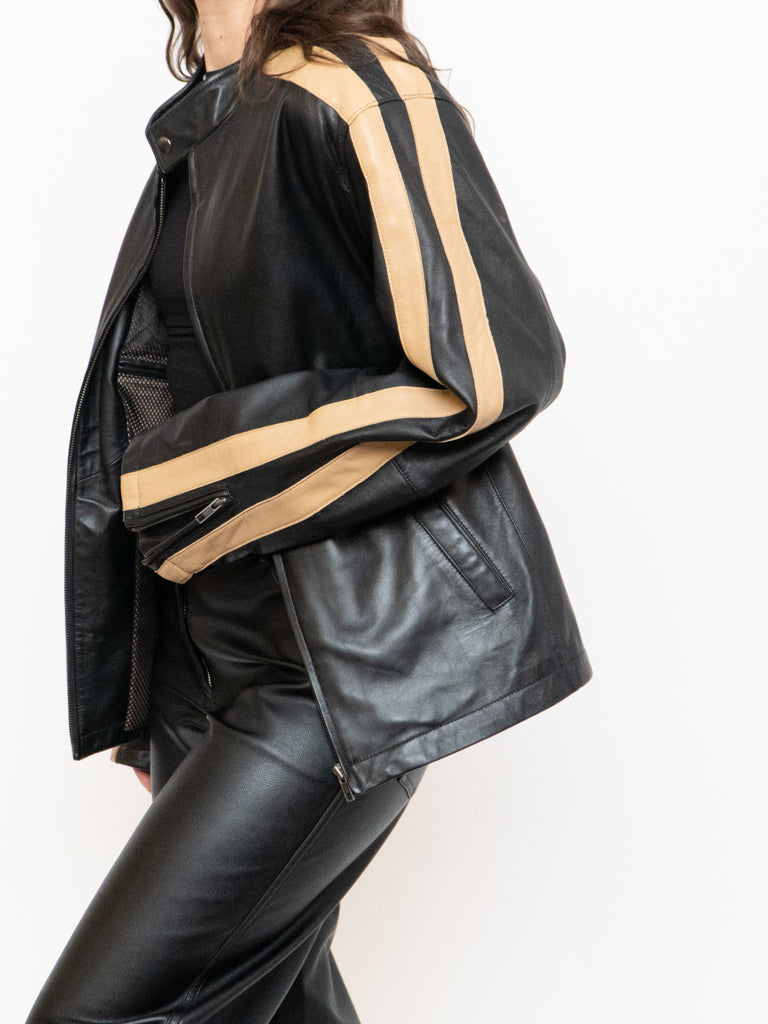 Vintage x DANIER Black & Beige Striped Leather Biker Jacket (S-L)