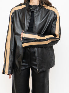 Vintage x DANIER Black & Beige Striped Leather Biker Jacket (S-L)