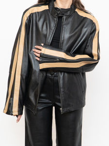 Vintage x DANIER Black & Beige Striped Leather Biker Jacket (S-L)